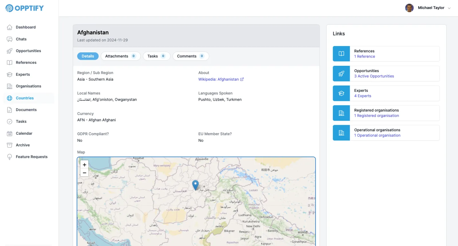 Opptify dashboard showing the global footprint of tracked opportunities by country