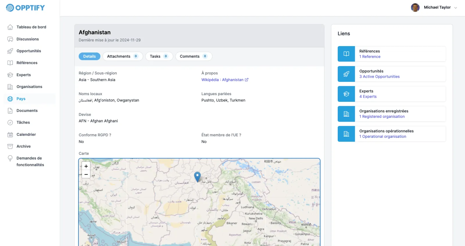 Opptify dashboard showing the global footprint of tracked opportunities by country